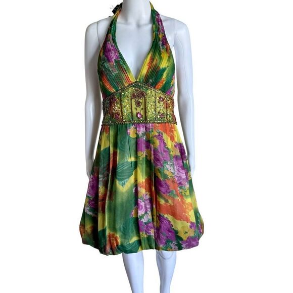 VTG Sue Wong 100% Silk Embellished Beaded Fairy Cocktail Bubble Dress *FLAWED - Picture 1 of 9